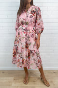 Robe à manches bouffantes motif floral rose