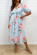 Robe Midi Fleurie Bleue à Col en V et Nœud à la Taille