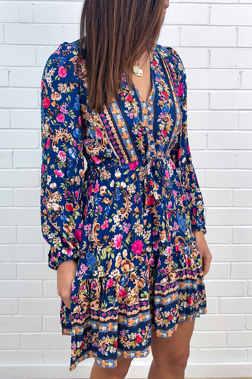 Robe à manches bouffantes et col en V à imprimé floral marine