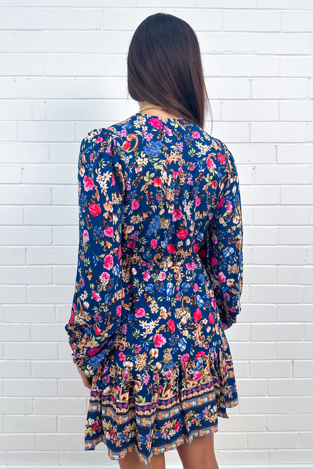 Robe à manches bouffantes et col en V à imprimé floral marine