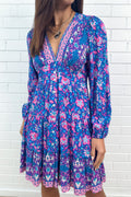 Mini robe col V à motif cachemire bleu et rose