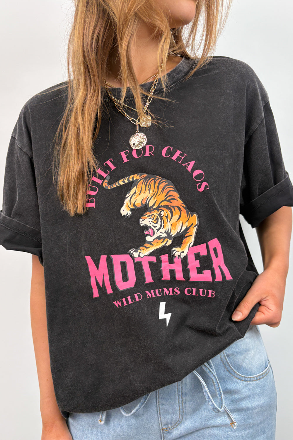 T-shirt ample surtaillé à imprimé Tigre gris vintage
