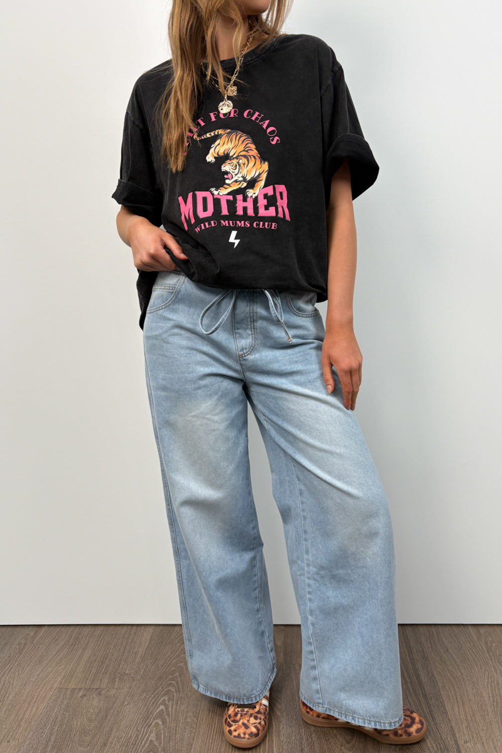 T-shirt ample surtaillé à imprimé Tigre gris vintage