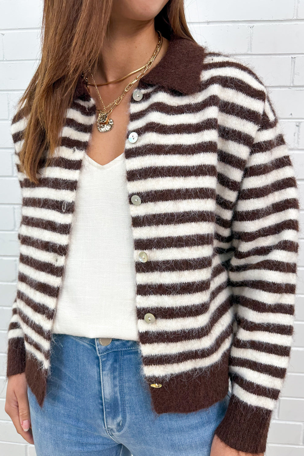 Gilet en maille rayée crème chocolat