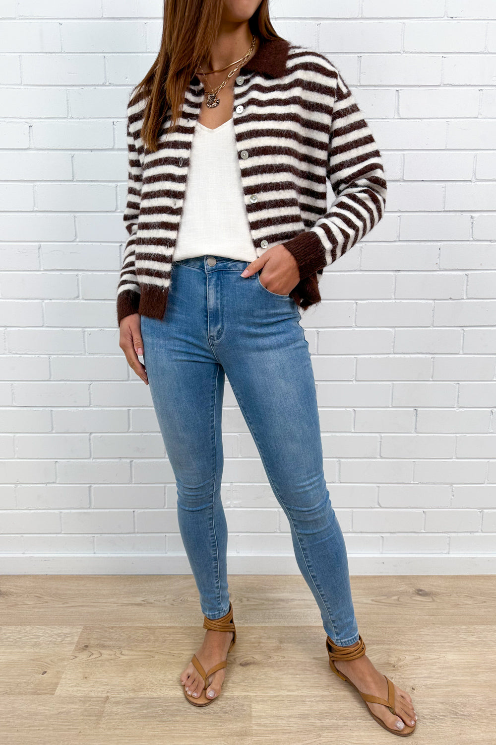 Gilet en maille rayée crème chocolat
