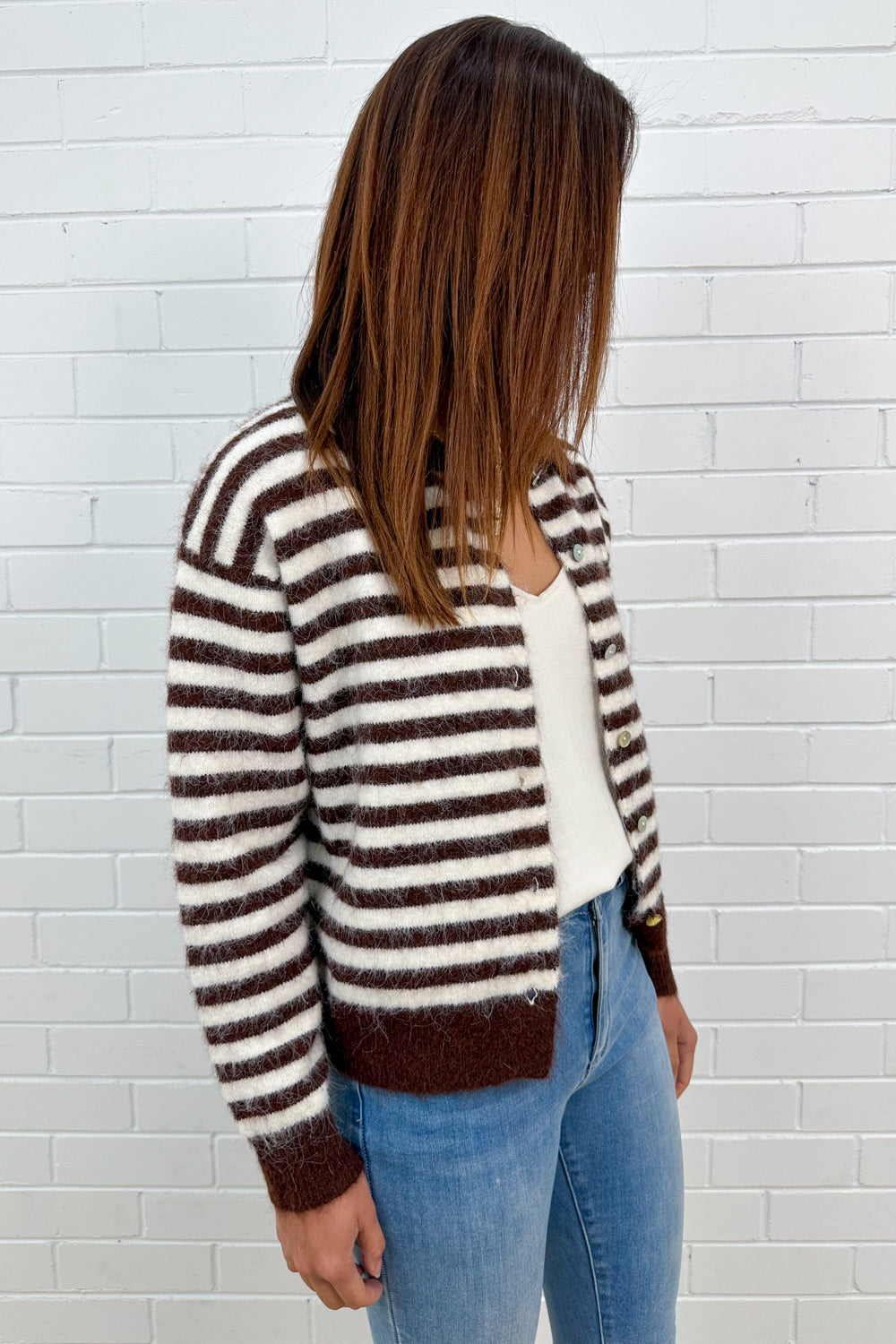Gilet en maille rayée crème chocolat